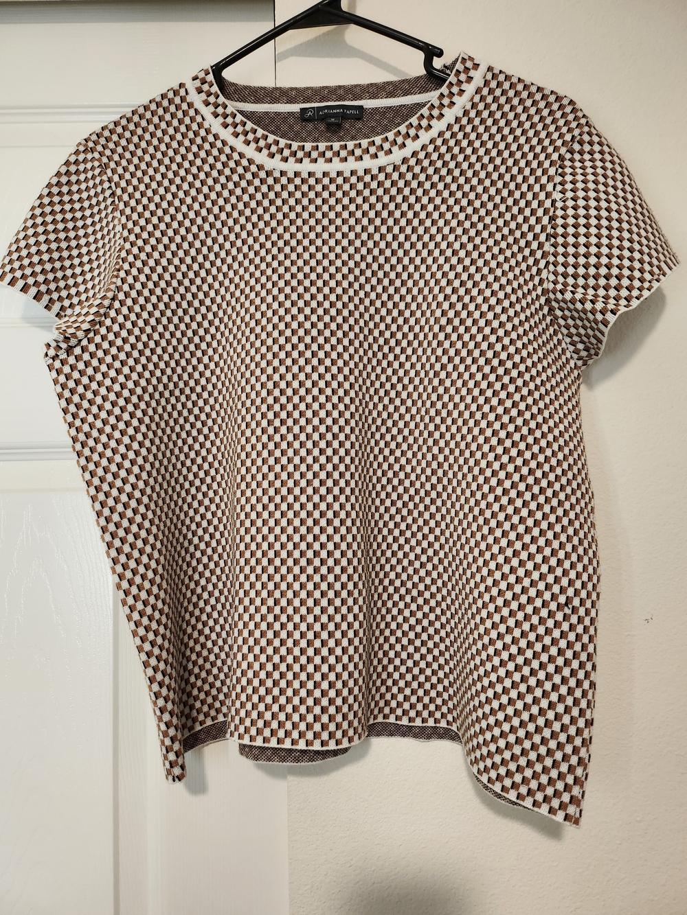 Adrianna Papell Short Sleeve Checkered Knit Geometric Box Pattern Top M
